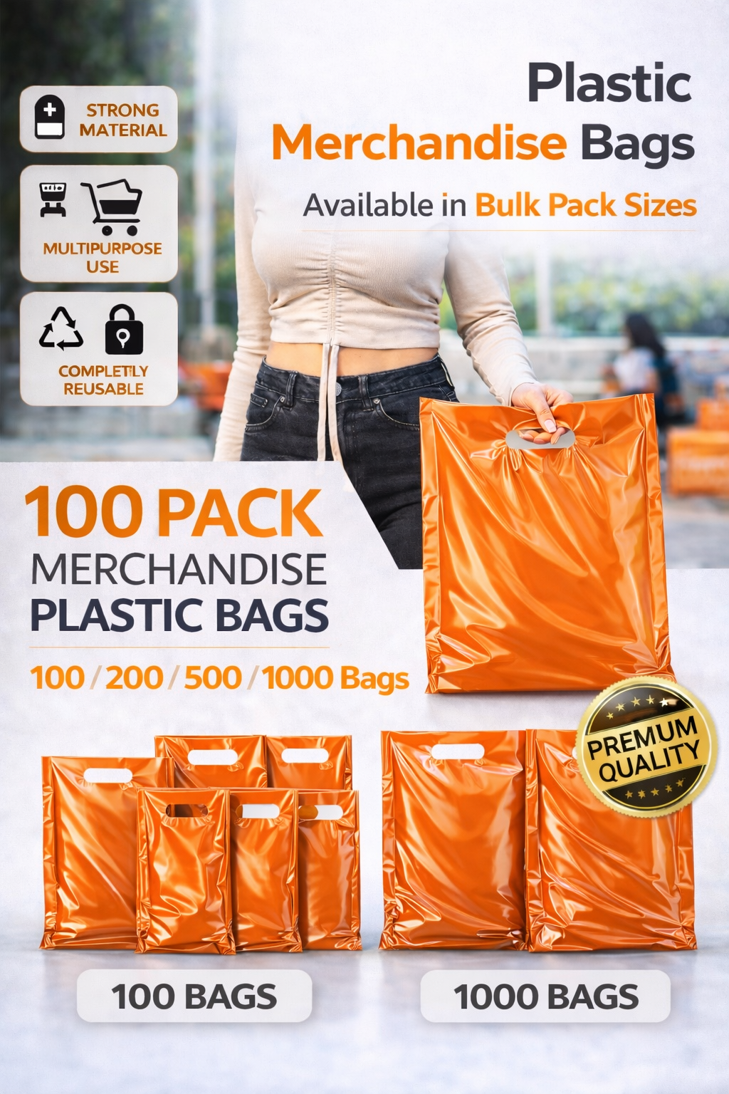 Orange Plastic Merchandise Bags – Multiple Sizes & Bulk Packs