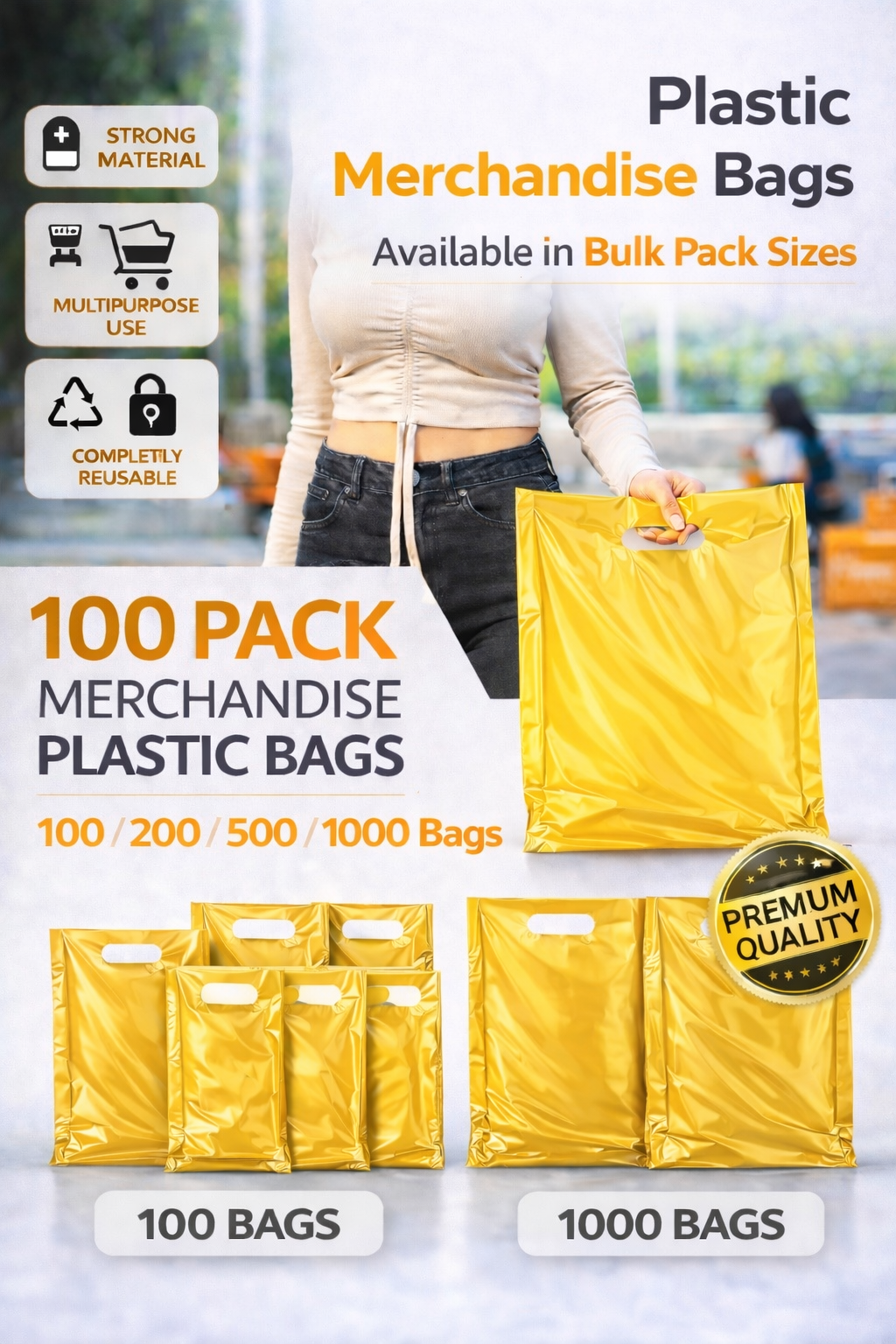 Yellow Plastic Merchandise Bags – Multiple Sizes & Bulk Packs