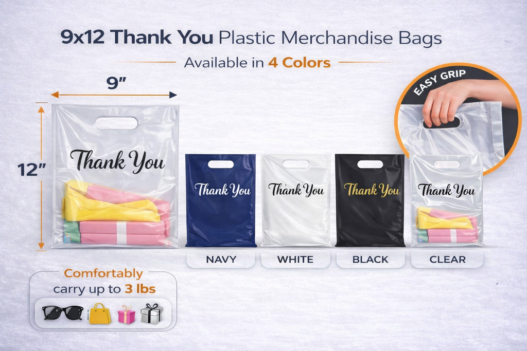 9x12 Thank You Plastic Merchandise Bags – Multiple Sizes & Bulk Packs