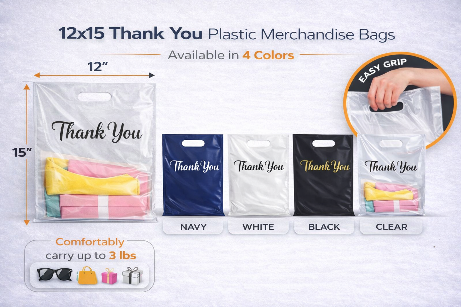 12x15 Thank You Plastic Merchandise Bags – Multiple Sizes & Bulk Packs