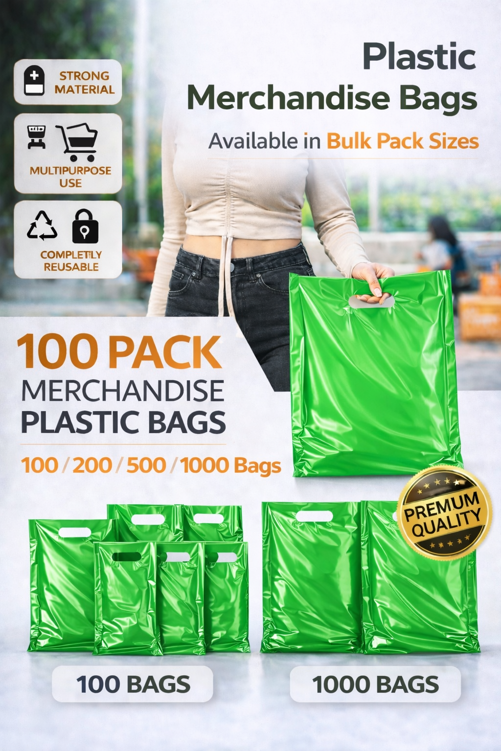 Green Plastic Merchandise Bags – Multiple Sizes & Bulk Packs
