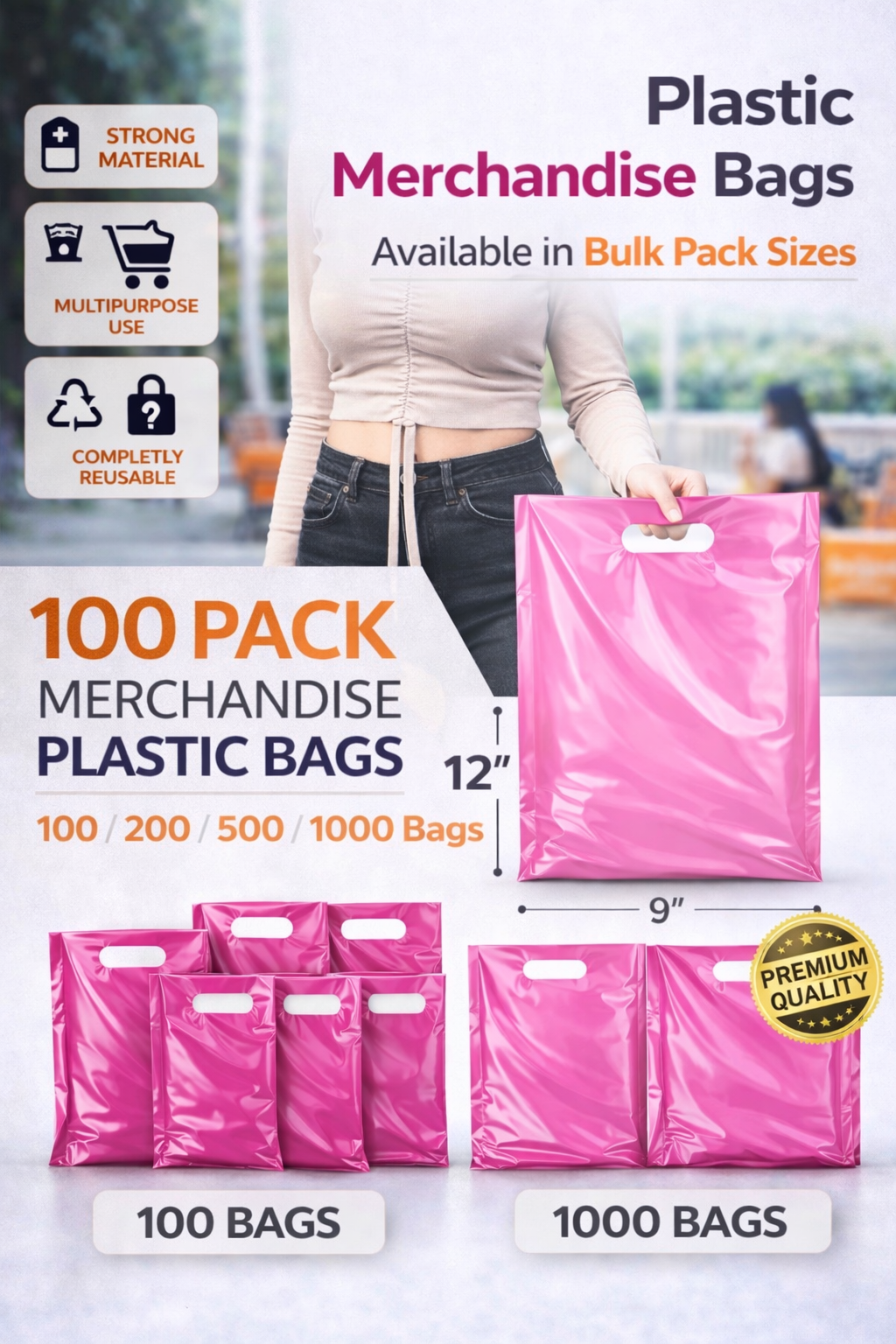 Fuchsia Plastic Merchandise Bags – Multiple Sizes & Bulk Packs