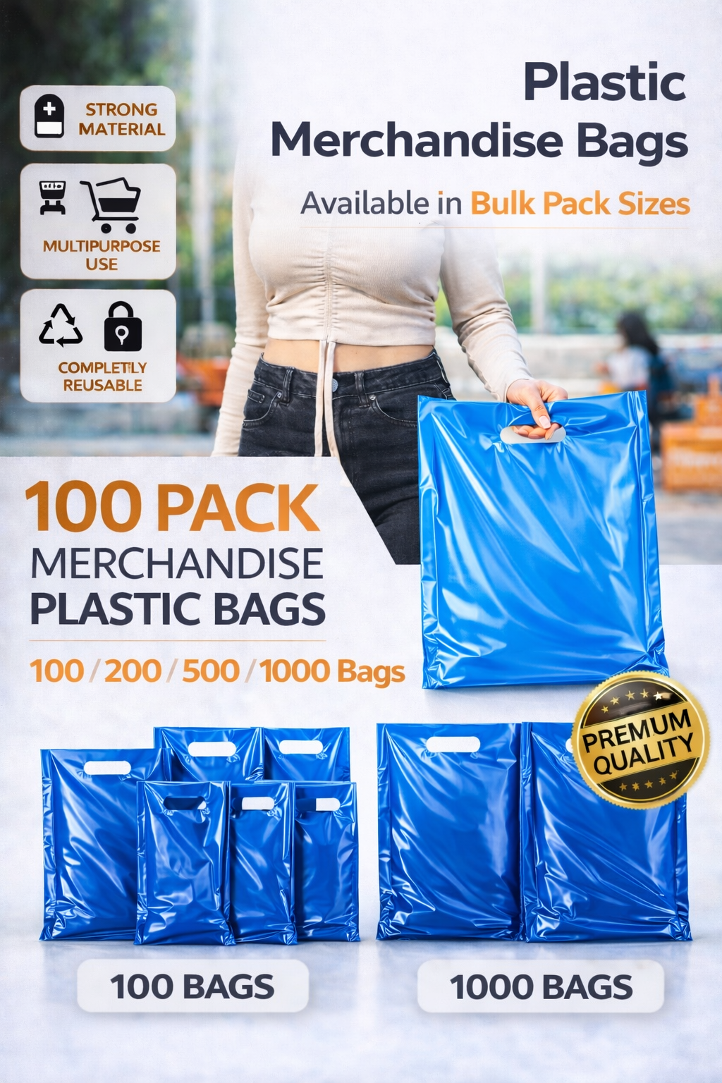 Blue Plastic Merchandise Bags – Multiple Sizes & Bulk Packs