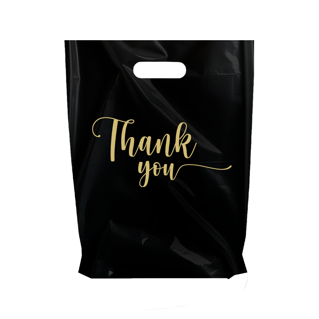 Black Gold Thank You Plastic Merchandise Bags – Multiple Sizes